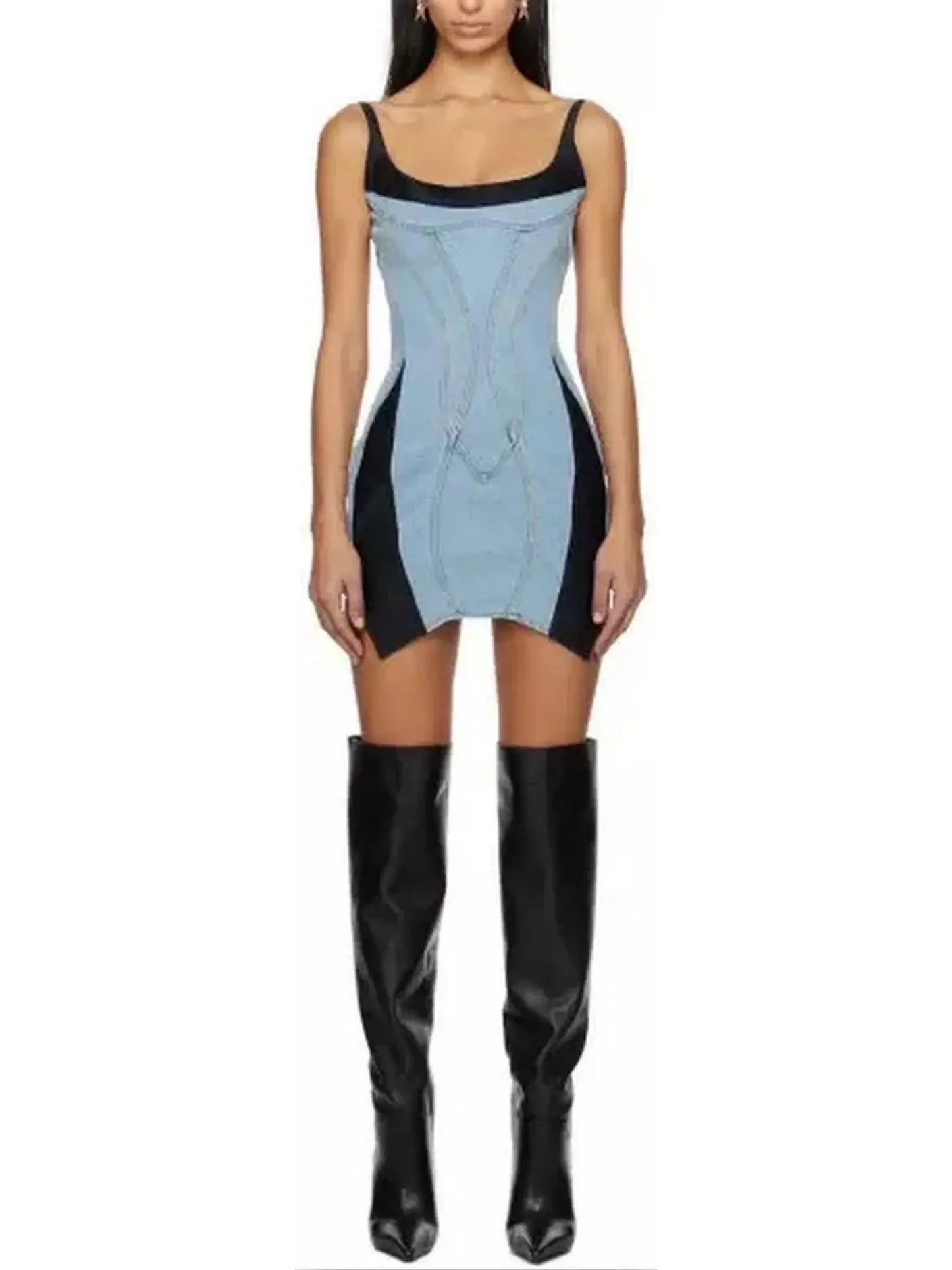 Blue & Black Paneled Denim Mini Dress - small - Dresses