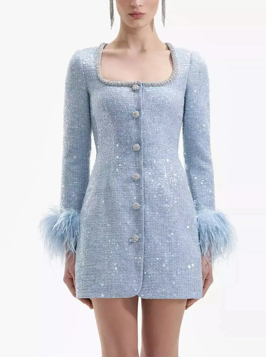 Blue Boucle Sequin Dress with Feather Trim - Dresses