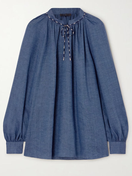 Blue Chambray Tie-Collar Blouse - Tops