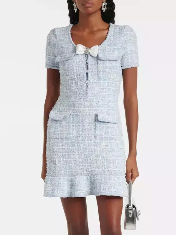 Blue Check Knit Short-Sleeve Mini Dress - Dresses