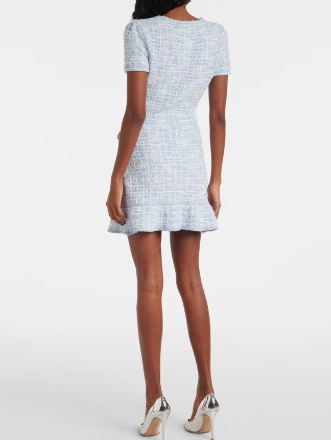 Blue Check Knit Short-Sleeve Mini Dress - Dresses