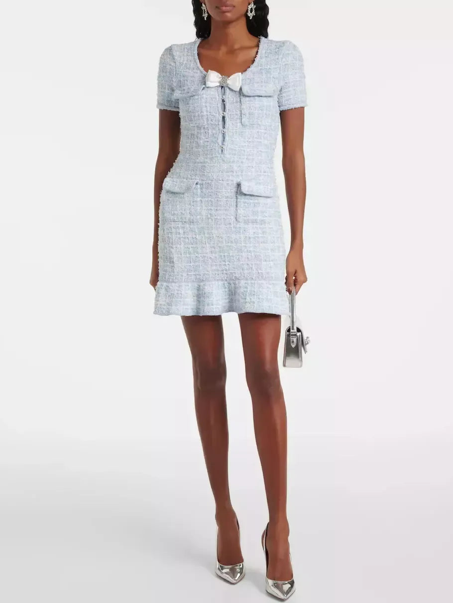 Blue Check Knit Short-Sleeve Mini Dress - Dresses