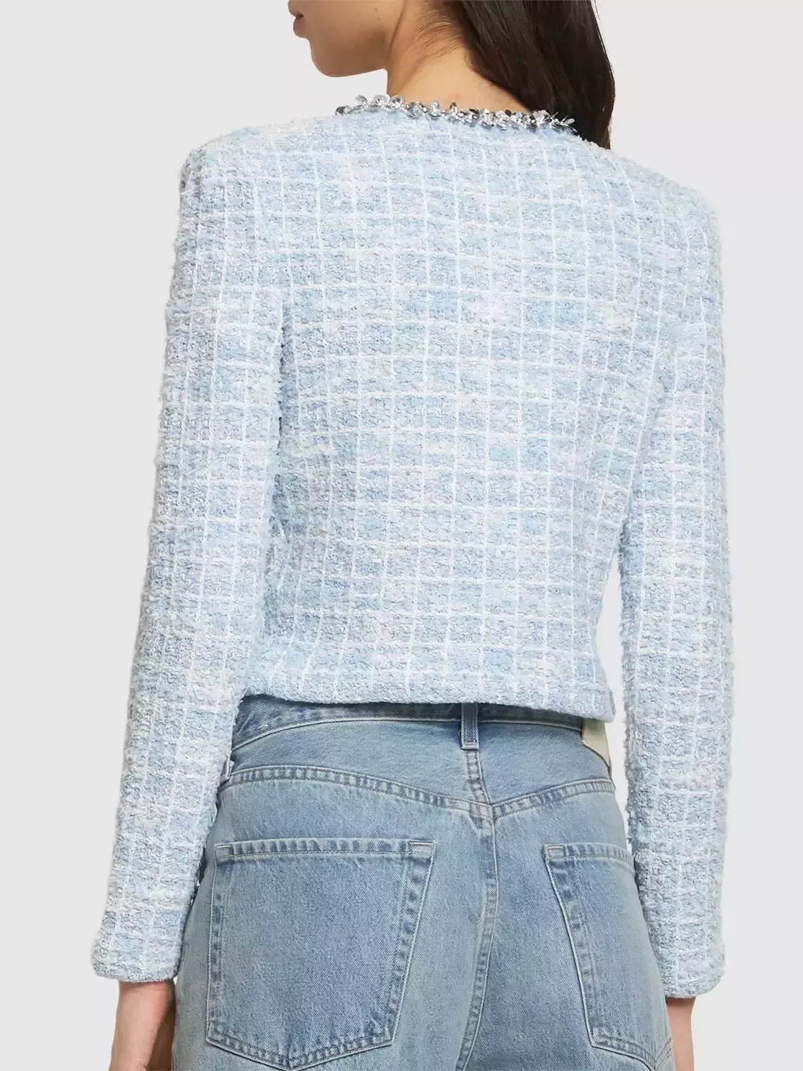 Blue Check Tweed Knit Embellished Cardigan Jacket - Jackets
