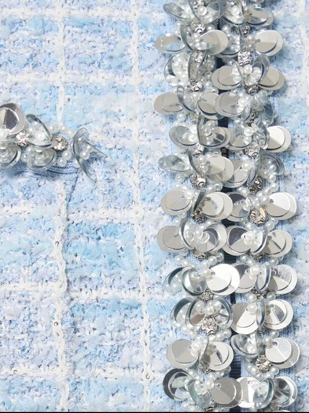 Blue Check Tweed Knit Embellished Cardigan Jacket - Jackets