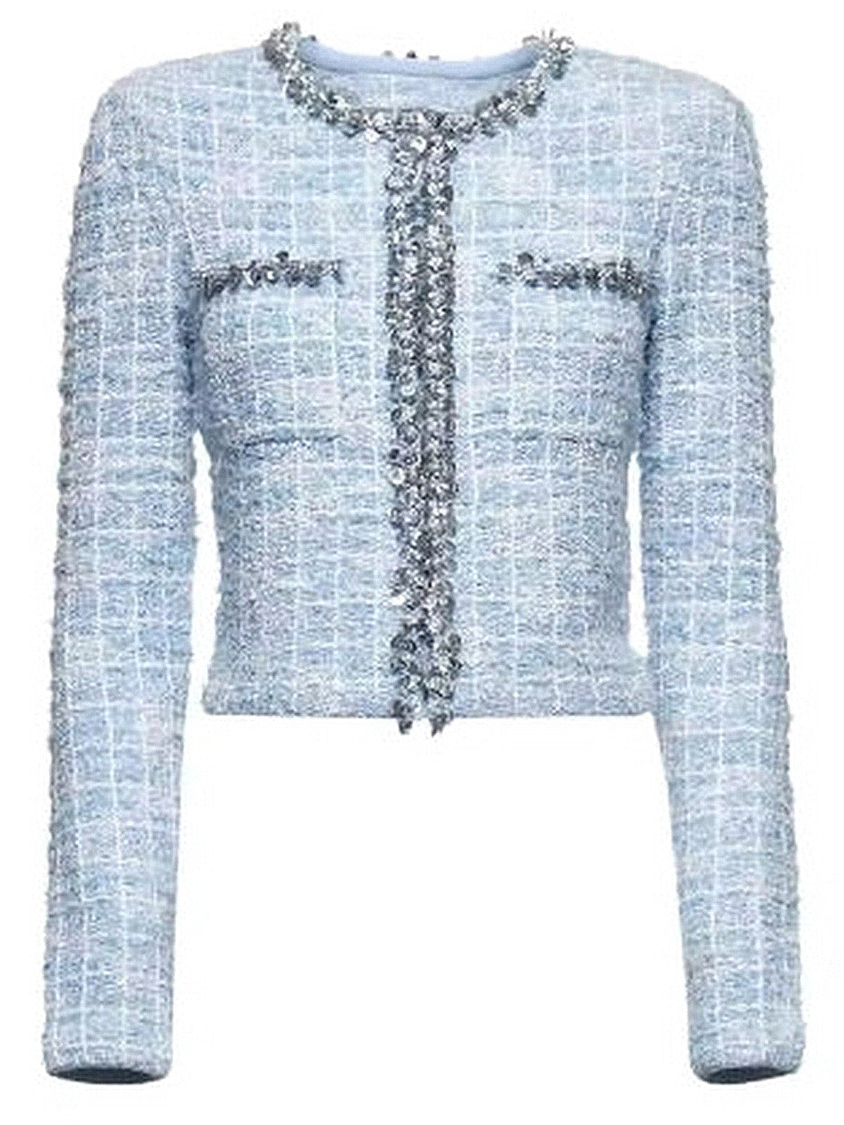 Blue Check Tweed Knit Embellished Cardigan Jacket - Jackets