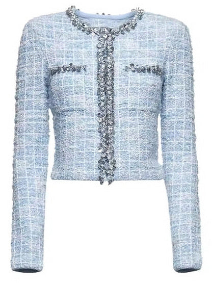 Blue Check Tweed Knit Embellished Cardigan Jacket - Jackets
