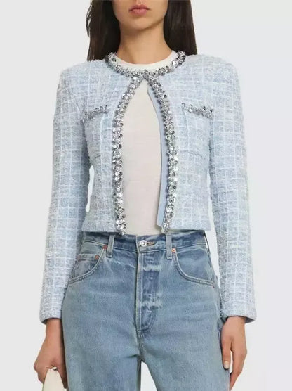 Blue Check Tweed Knit Embellished Cardigan Jacket - Jackets