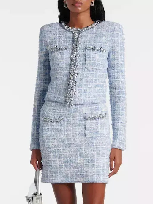 Blue Check Tweed Knit Embellished Cardigan Jacket - Jackets