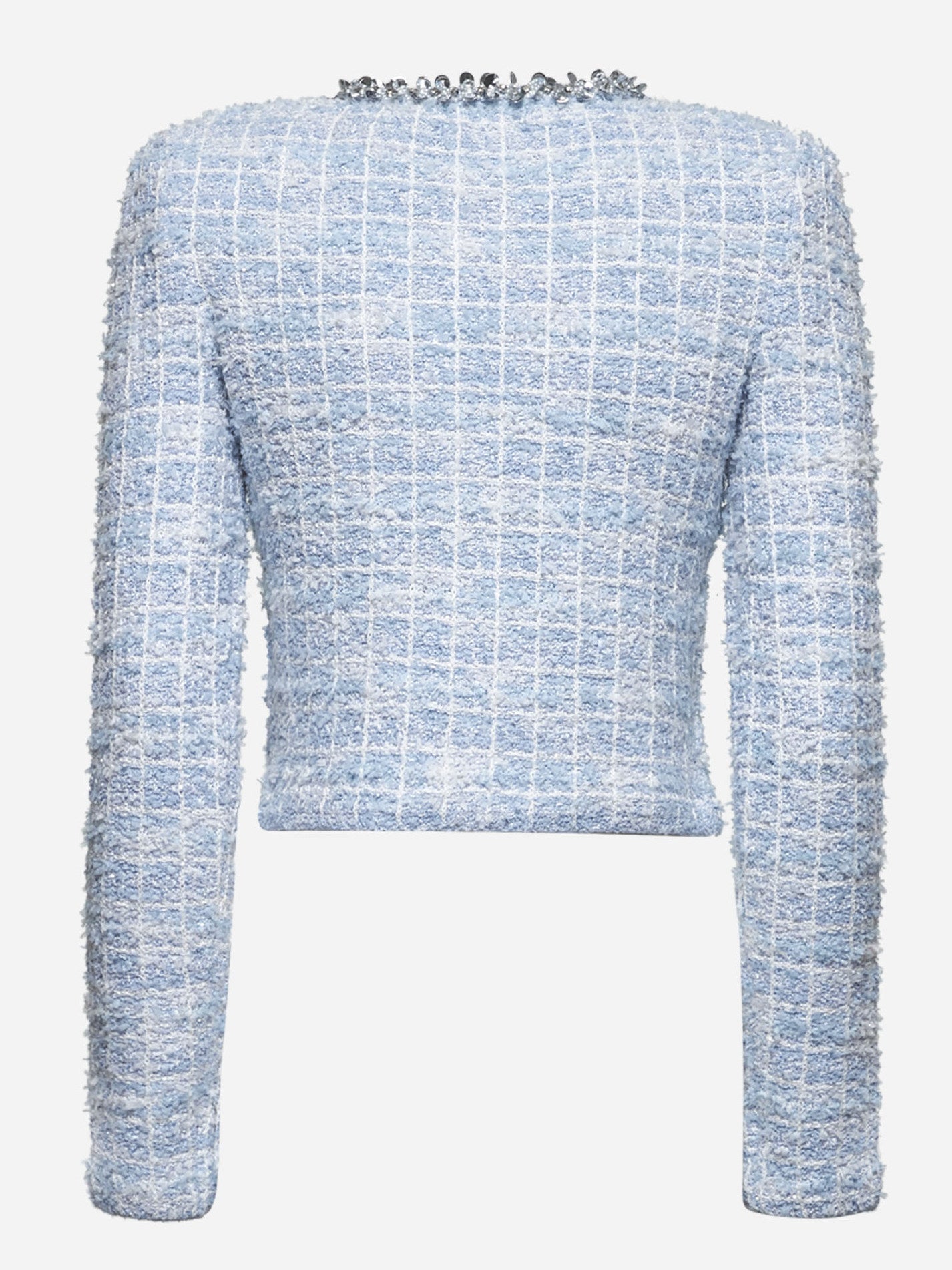 Blue Check Tweed Knit Embellished Cardigan Jacket - Jackets