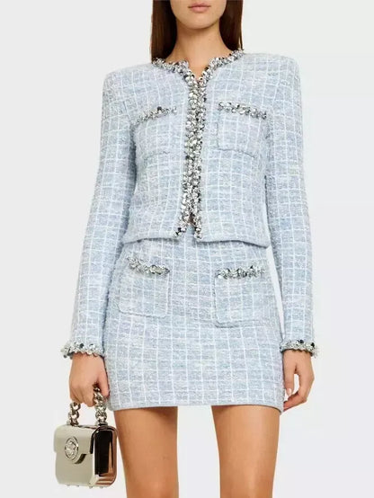 Blue Check Tweed Knit Embellished Cardigan Jacket - Jackets