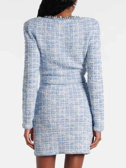 Blue Check Tweed Knit Embellished Cardigan Jacket - Jackets