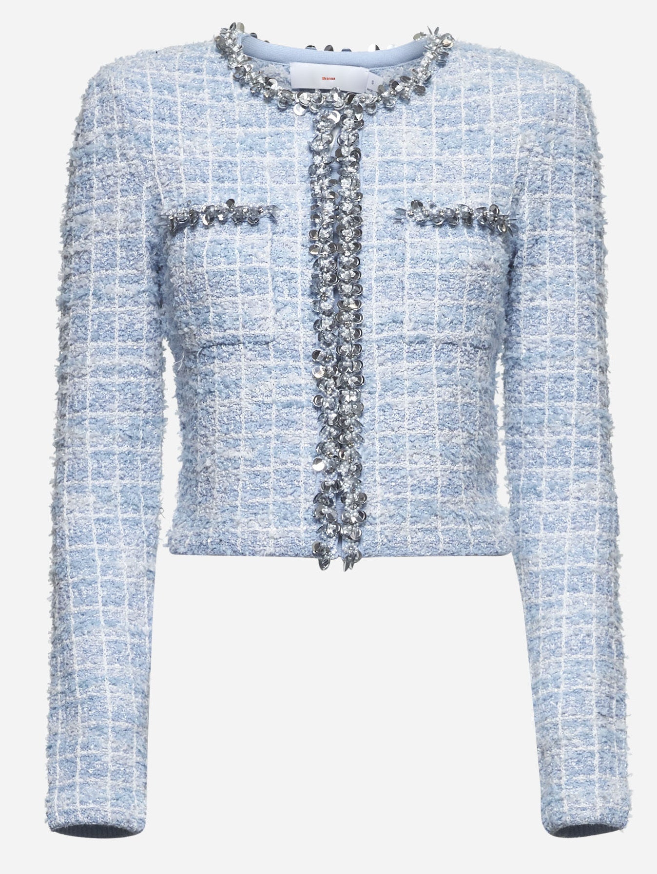 Blue Check Tweed Knit Embellished Cardigan Jacket - Jackets
