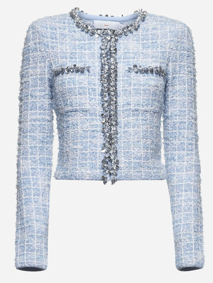 Blue Check Tweed Knit Embellished Cardigan Jacket - Jackets