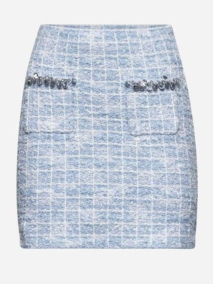 Blue Check Tweed Knit Embellished Mini Skirt - Skirts