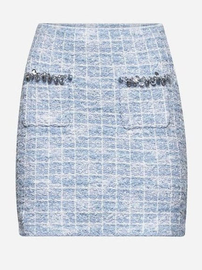 Blue Check Tweed Knit Embellished Mini Skirt - Skirts