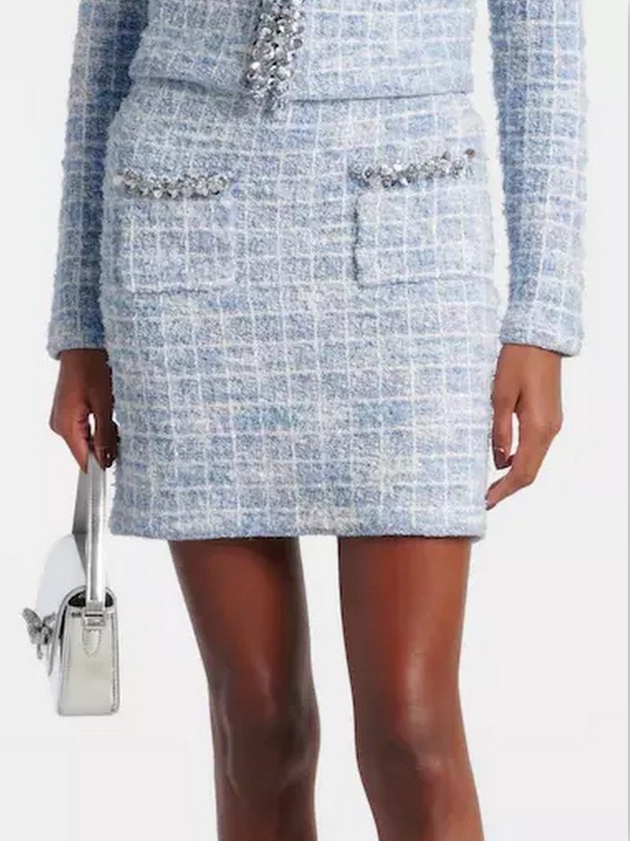 Blue Check Tweed Knit Embellished Mini Skirt - Skirts