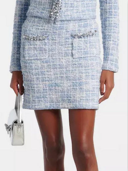 Blue Check Tweed Knit Embellished Mini Skirt - Skirts