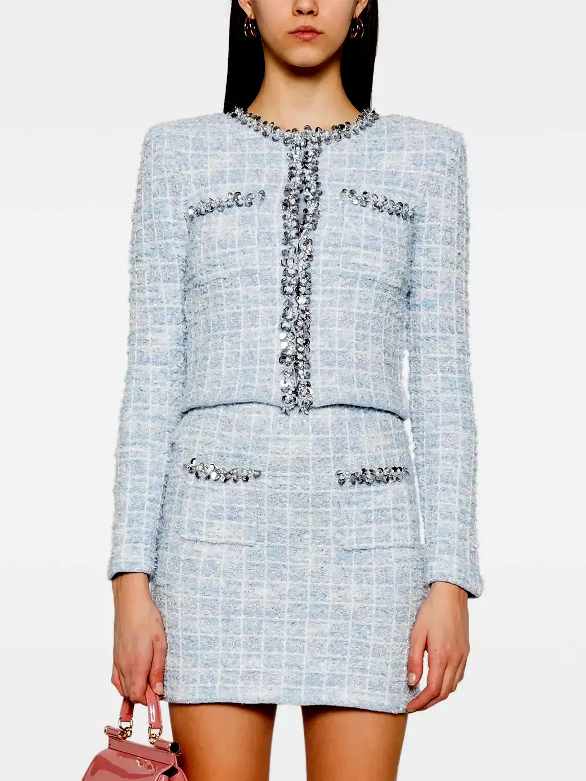 Blue Check Tweed Knit Embellished Mini Skirt - Skirts