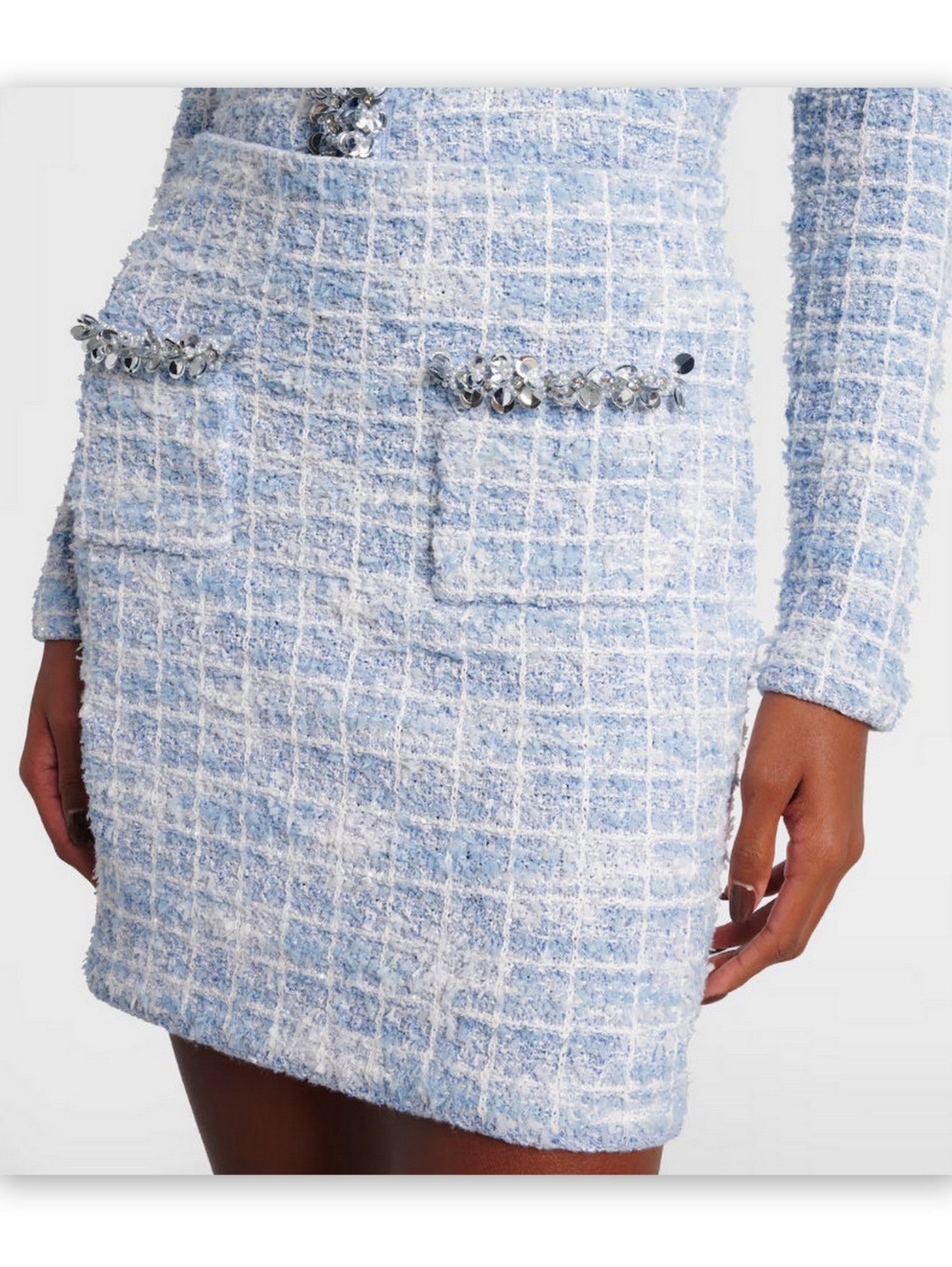 Blue Check Tweed Knit Embellished Mini Skirt - Skirts