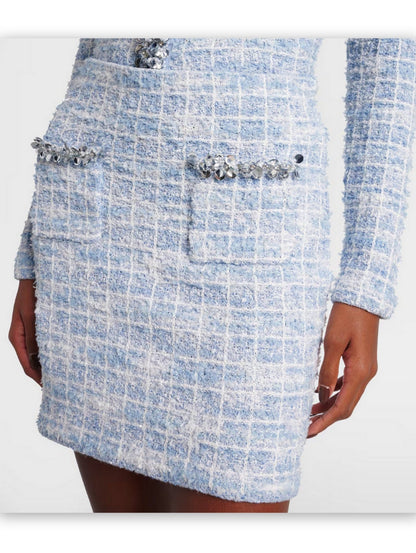 Blue Check Tweed Knit Embellished Mini Skirt - Skirts