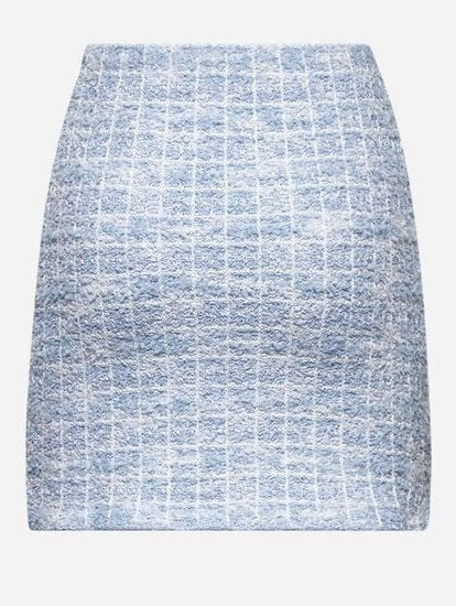 Blue Check Tweed Knit Embellished Mini Skirt - Skirts
