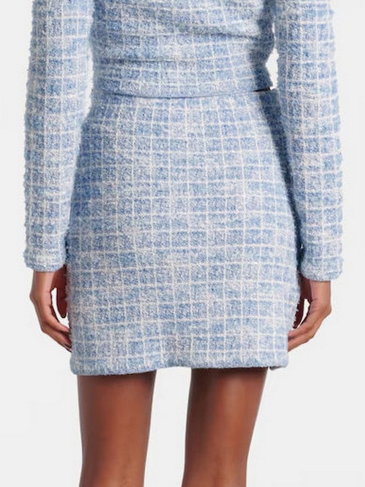 Blue Check Tweed Knit Embellished Mini Skirt - Skirts