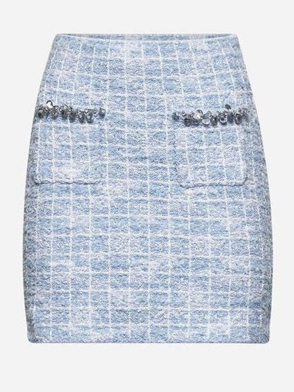 Blue Check Tweed Knit Embellished Mini Skirt - Skirts
