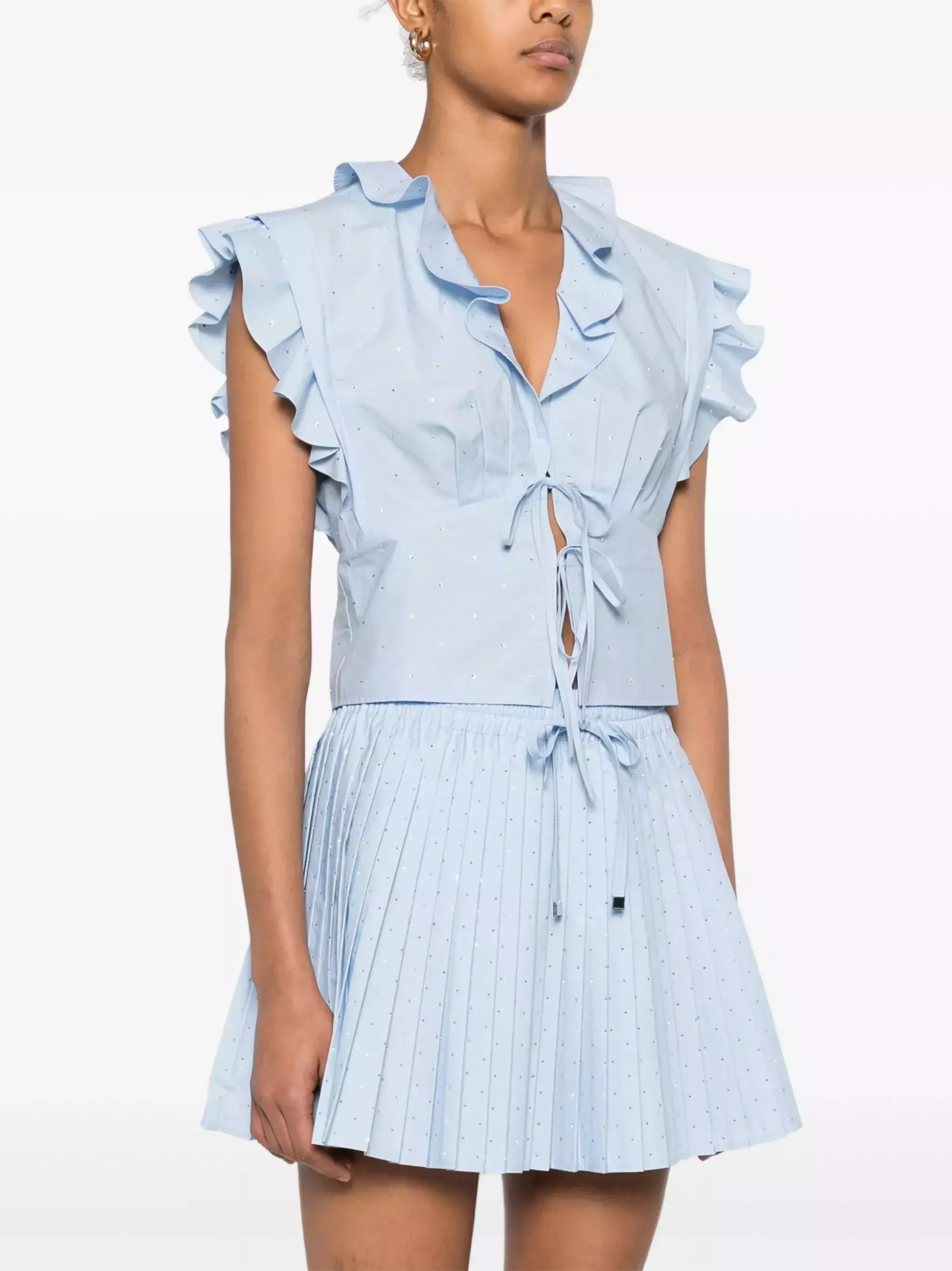 Blue Crystal-Embellished Blouse and Mini Skirt Set - Suits & Sets