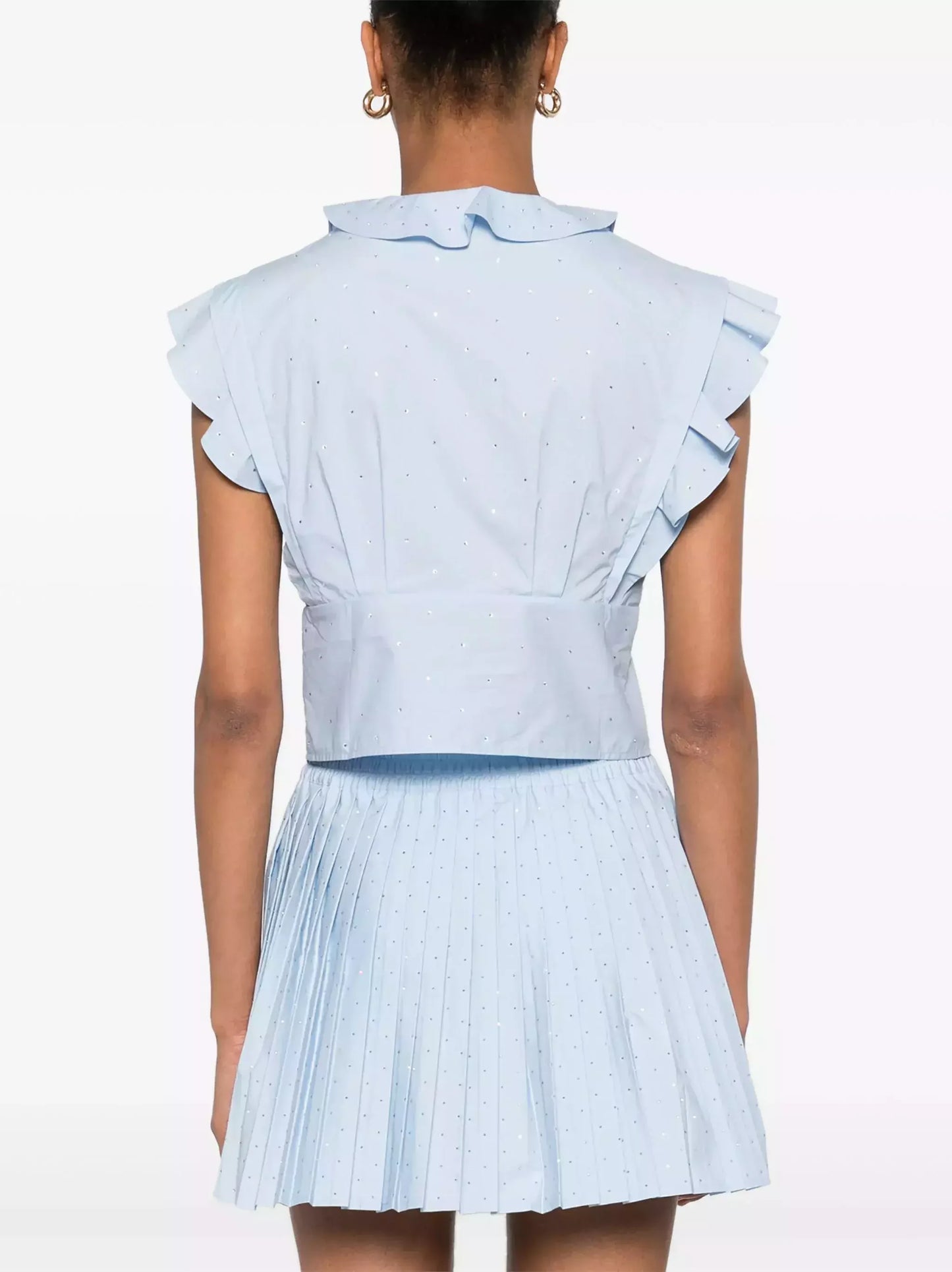 Blue Crystal-Embellished Blouse and Mini Skirt Set - Suits & Sets