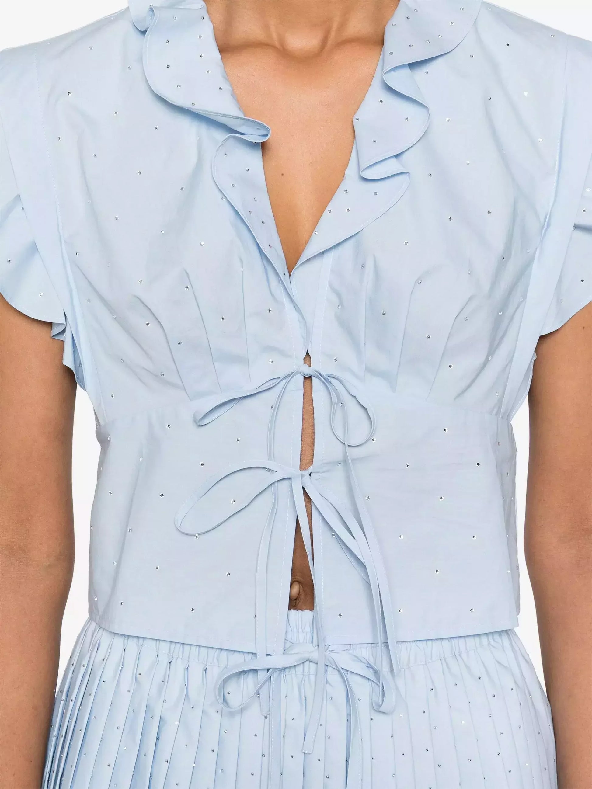 Blue Crystal-Embellished Blouse and Mini Skirt Set - Suits & Sets