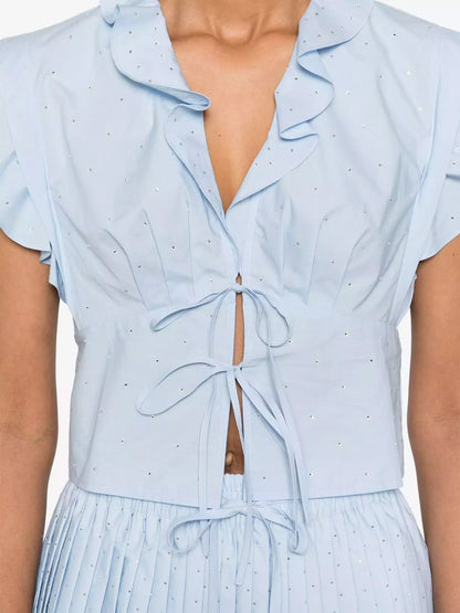Blue Crystal-Embellished Blouse and Mini Skirt Set - Suits & Sets