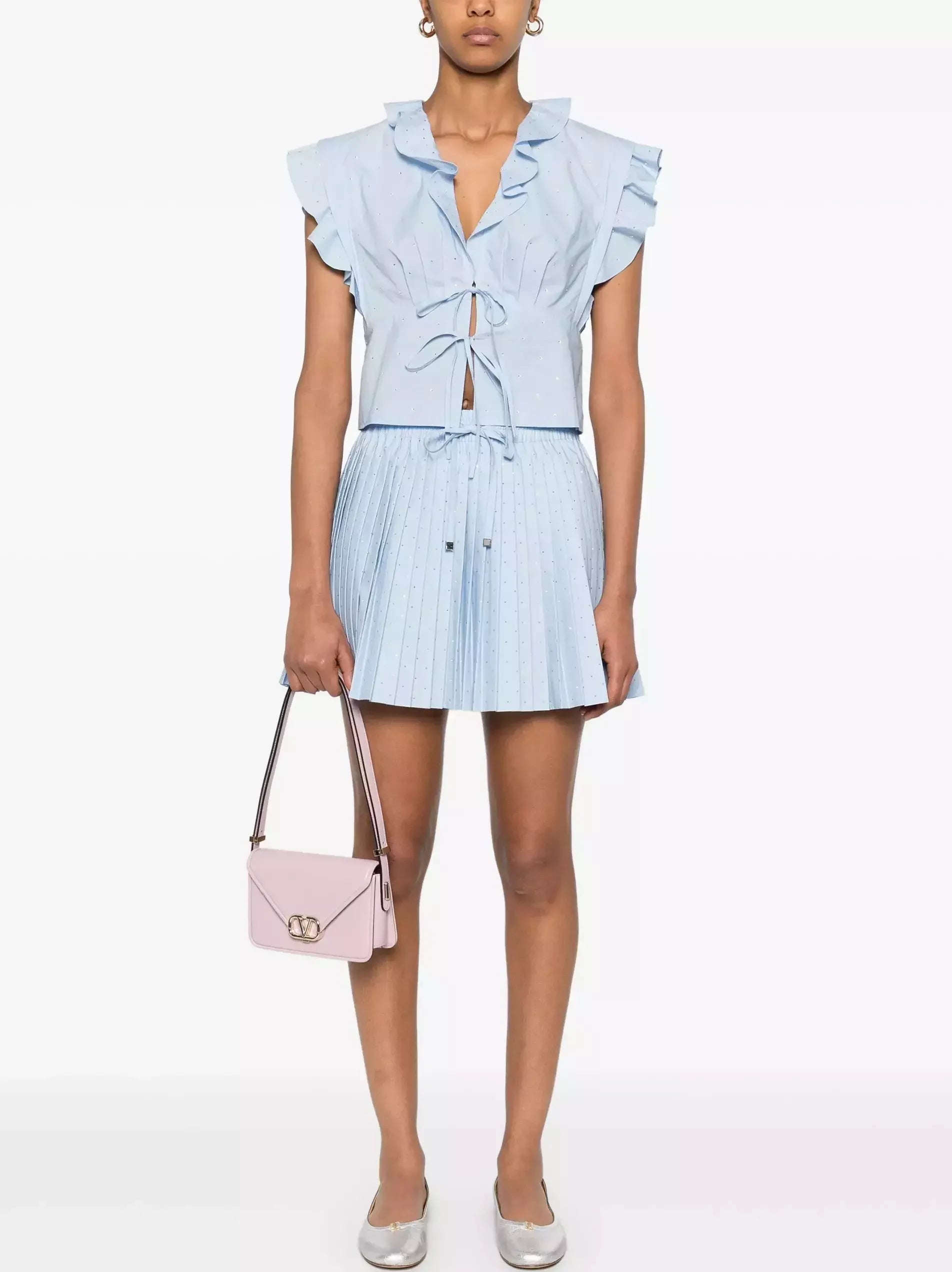 Blue Crystal-Embellished Blouse and Mini Skirt Set - Small - Suits & Sets