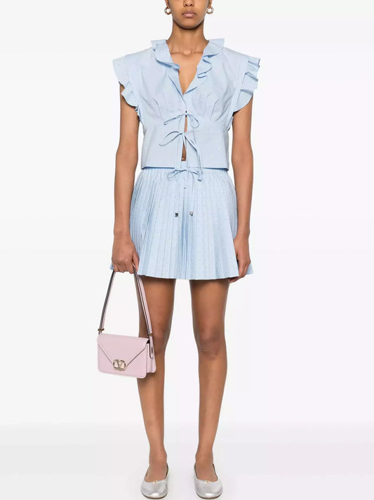 Blue Crystal-Embellished Blouse and Mini Skirt Set - Small - Suits & Sets