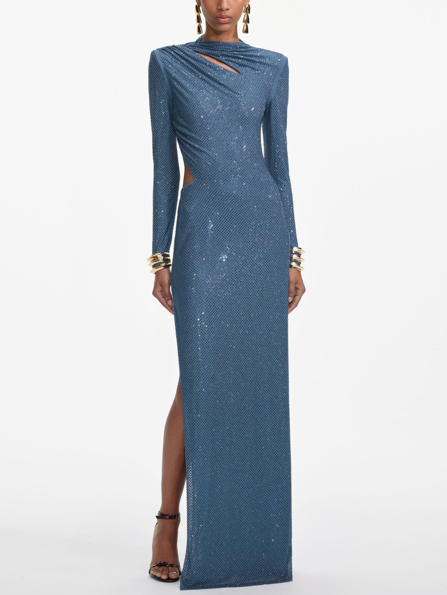 Blue Crystal-Embellished Gathered Gown - Dresses