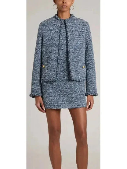 Blue Denim Effect Short-Sleeve Tweed Shift Dress - Dresses