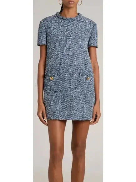 Blue Denim Effect Short-Sleeve Tweed Shift Dress - Dresses