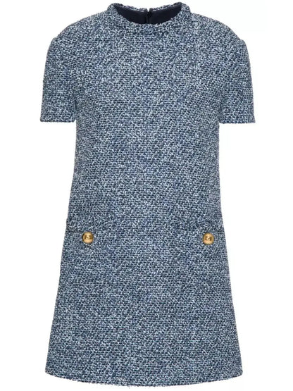 Blue Denim Effect Short-Sleeve Tweed Shift Dress - Dresses