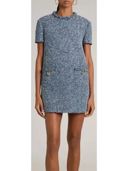 Blue Denim Effect Short-Sleeve Tweed Shift Dress - Dresses