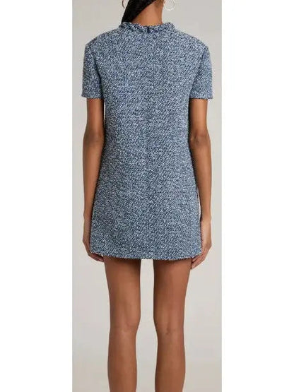 Blue Denim Effect Short-Sleeve Tweed Shift Dress - Dresses