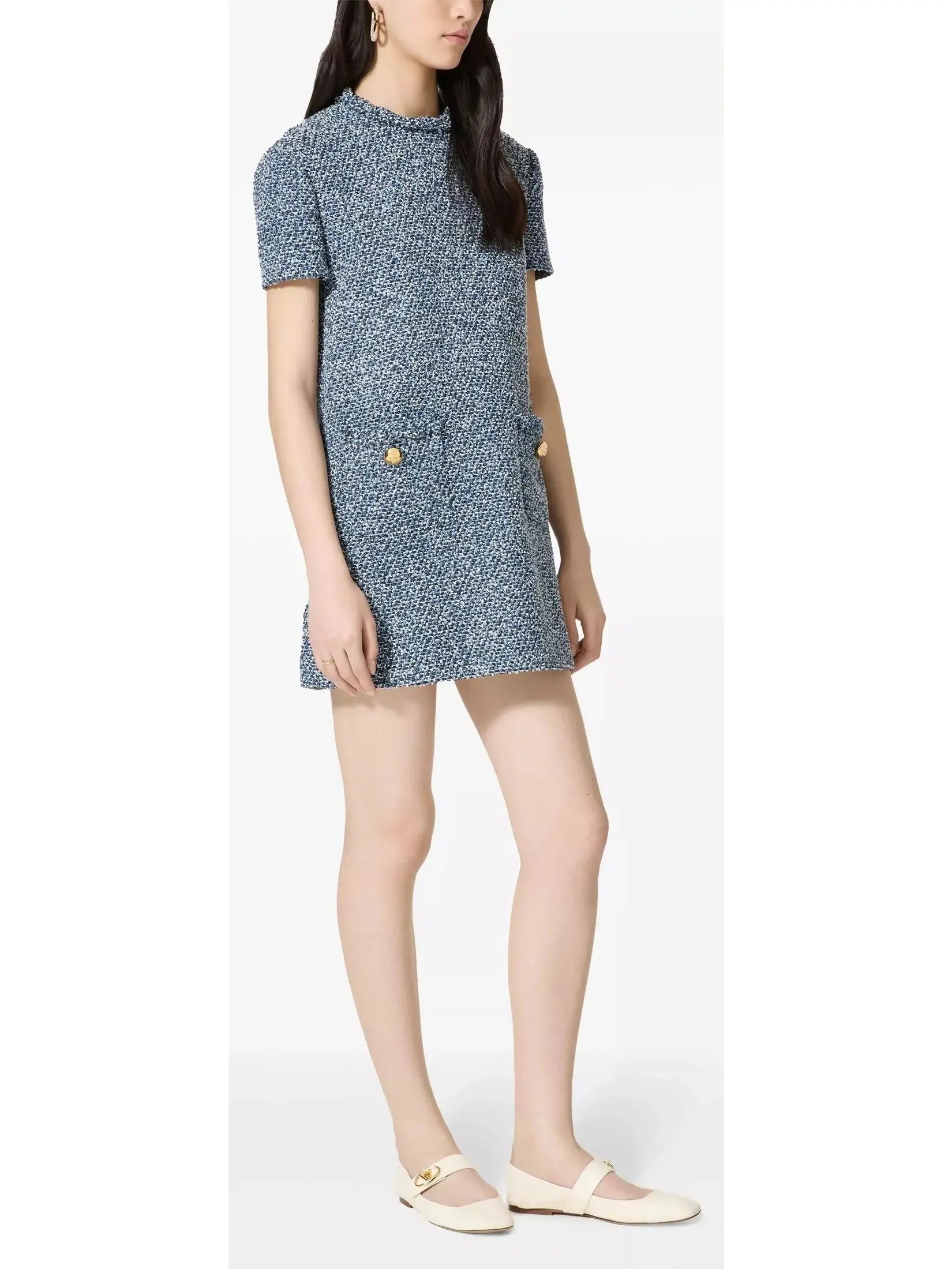 Blue Denim Effect Short-Sleeve Tweed Shift Dress - Dresses