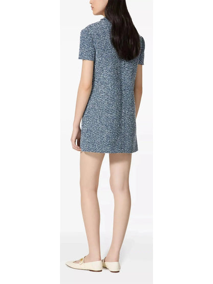 Blue Denim Effect Short-Sleeve Tweed Shift Dress - Dresses