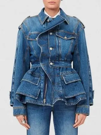 Blue Denim Tiered Peplum Jacket - Jackets