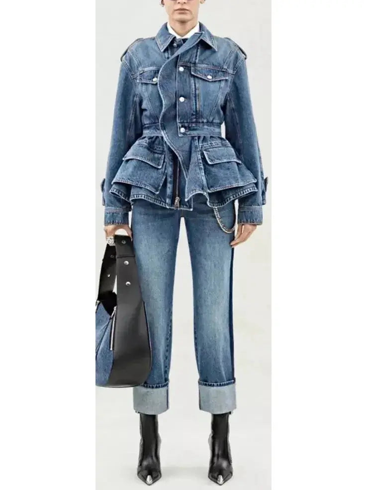 Blue Denim Tiered Peplum Jacket - Jackets