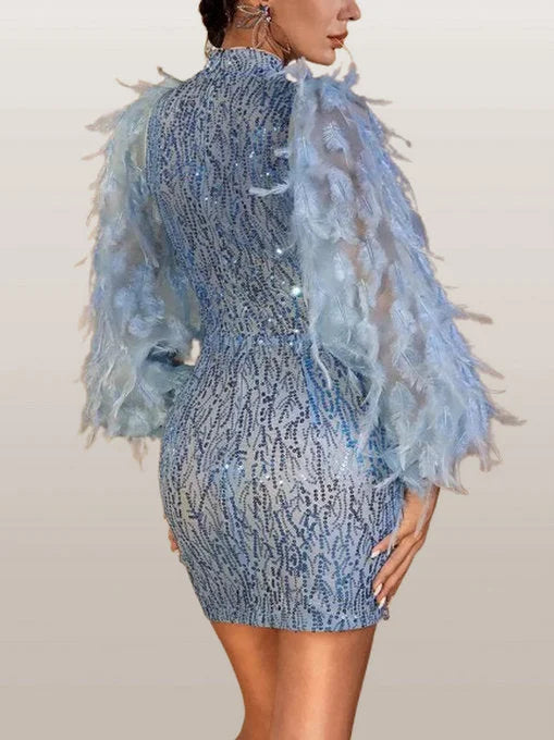 Blue Feather Puff-Sleeve Embellished Mini Dress - Dresses