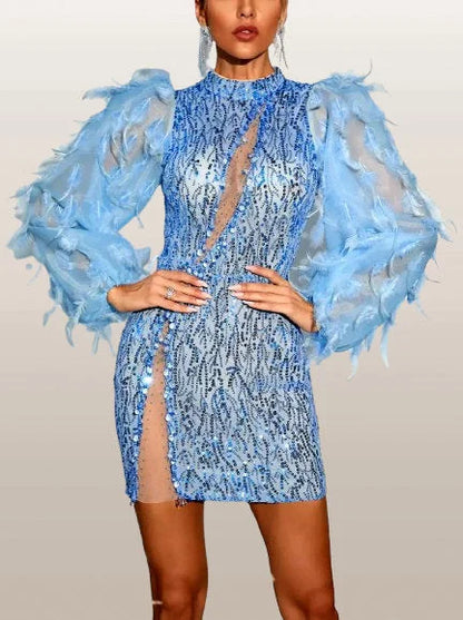 Blue Feather Puff-Sleeve Embellished Mini Dress - Dresses