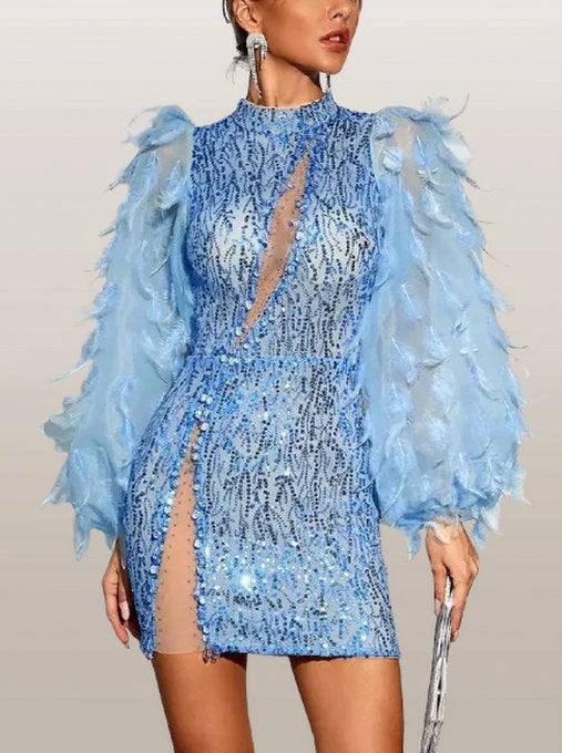 Blue Feather Puff-Sleeve Embellished Mini Dress - Dresses