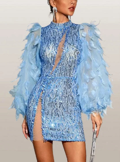 Blue Feather Puff-Sleeve Embellished Mini Dress - Dresses