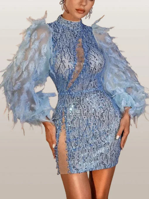 Blue Feather Puff-Sleeve Embellished Mini Dress - Dresses
