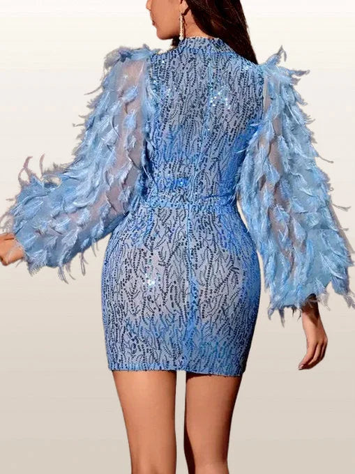 Blue Feather Puff-Sleeve Embellished Mini Dress - Dresses
