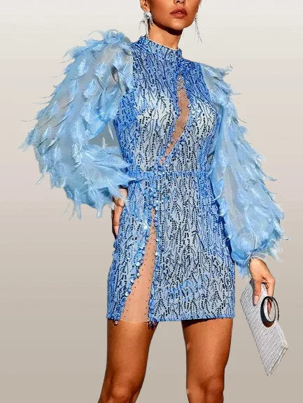 Blue Feather Puff-Sleeve Embellished Mini Dress - Dresses